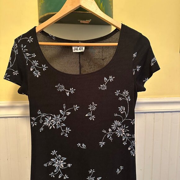 Jalate Vintage 90s maxi dress, black stretch knit or print short sleeves - Picture 3 of 7